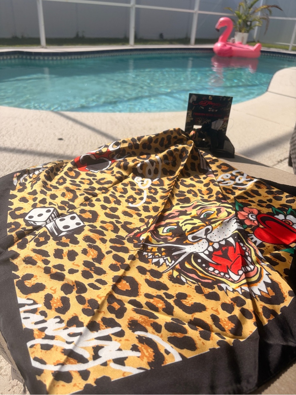 Leopard Print Tiger head Scarf with Dice & Rose Motifs - Yellow Black